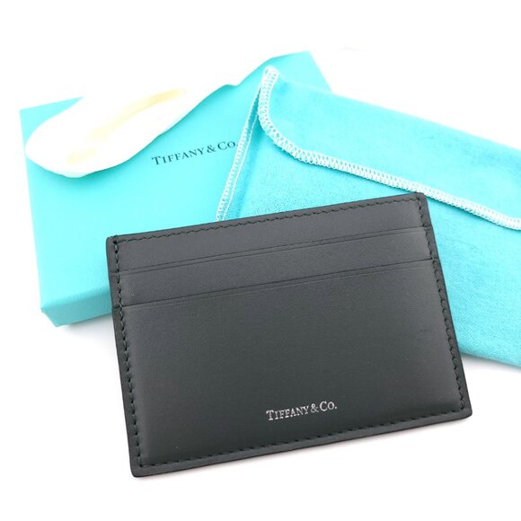 NEW Tiffany & Co. Calf Black Leather Card Case Holder Wallet w/ Pouch & Box